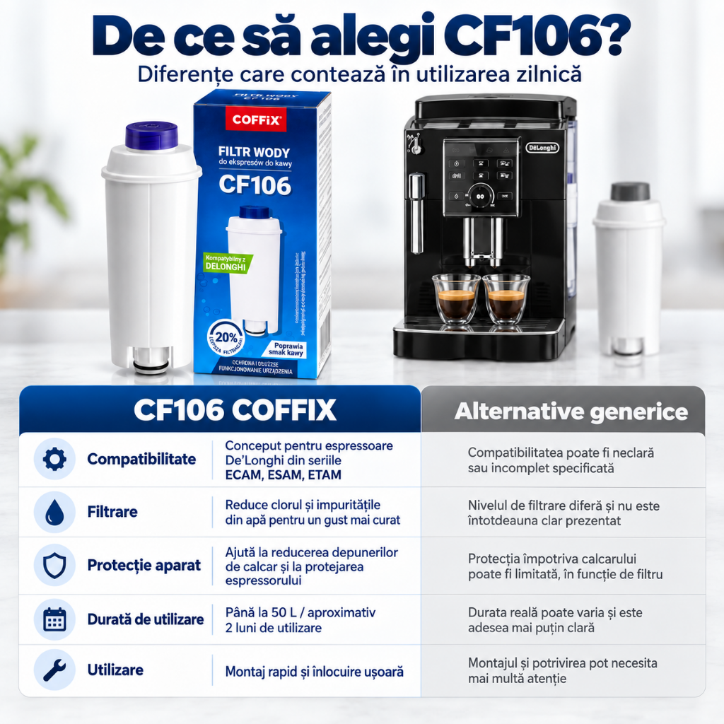 Set 3 Filtre de Apă pentru Espressor COFFiX CF106, Compatibile DeLonghi, Cartușe Filtrante Anticalcar, Reduc Depunerile de Calcar și Impuritățile, Îmbunătățesc Gustul Cafelei, Protejează Sistemul Intern al Aparatului
