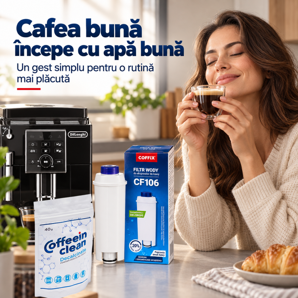 Set Intretinere Espressor DeLonghi, 2 Filtre Apa Coffix CF106, Decalcifiant 40 g Coffeein Clean®, Reduce Calcarul, Clorul si Impuritatile, Compatibil ECAM, ESAM, ETAM, EPAM, BCO si EC, Plastic fara BPA