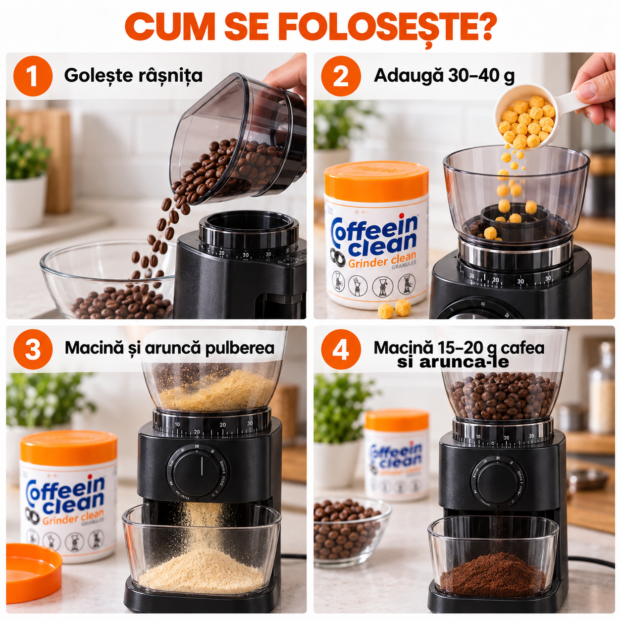 Granule Curatare Rasnita Cafea 300 g, Coffeein Clean® Grinder Clean, pentru Pietre Conice si Plate, Indeparteaza Uleiurile si Reziduurile, Curatare Fara Demontare
