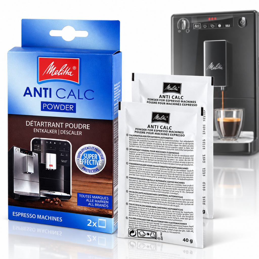 Decalcifiant Espressor Melitta Anti Calc Powder Original, 2 x 40 g, Pulbere Anticalcar pentru Espressoare Automate, Îndepărtează Depunerile de Calcar, Protejează Sistemul Intern, Compatibil Universal