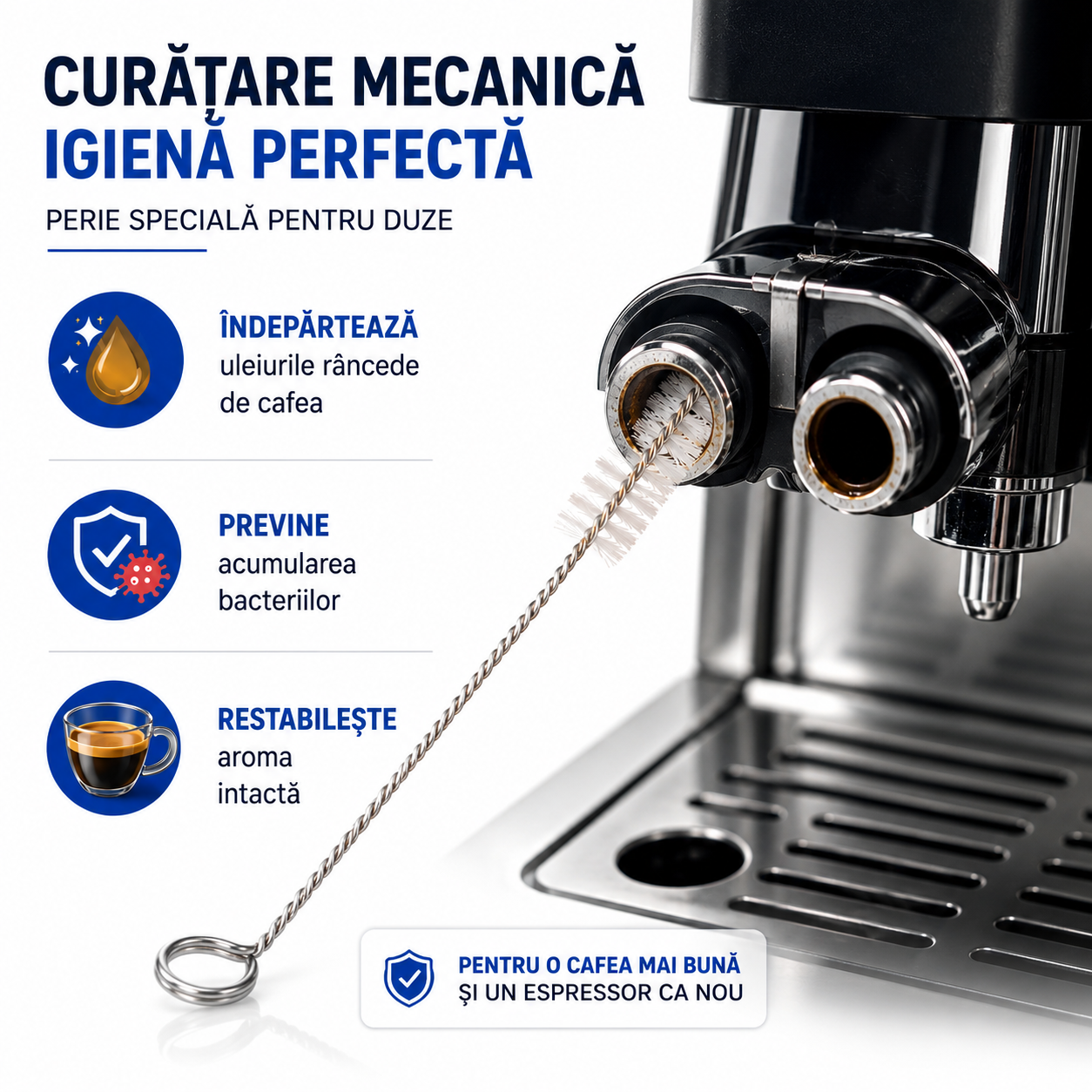 Set complet intretinere espressor Philips Saeco, 2 filtre AquaClean CA6903/10, solutie detartrare 250 ml, curatare circuit lapte 250 ml, 8 pastile 2,5 g, perie 20 cm, vaselina alimentara — Coffeein Clean®