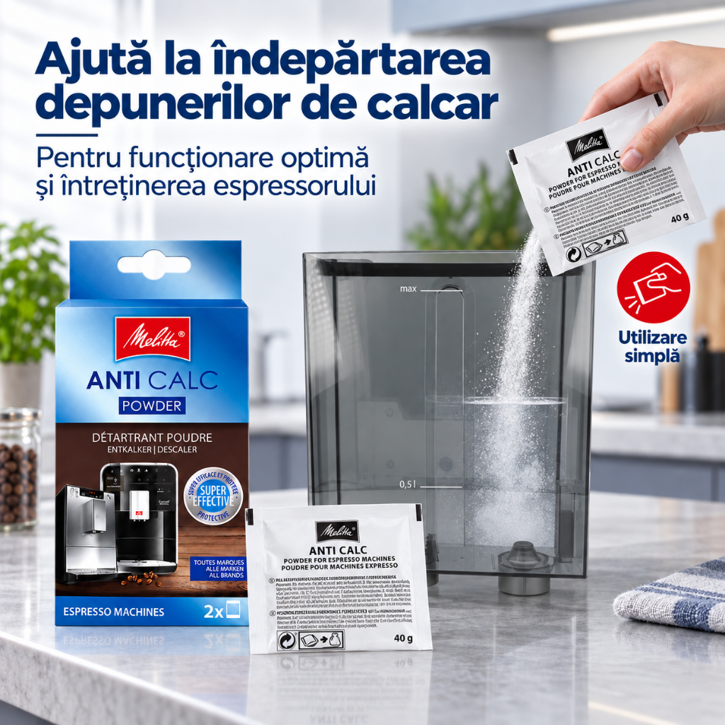 Decalcifiant Espressor Melitta Anti Calc Powder Original, 2 x 40 g, Pulbere Anticalcar pentru Espressoare Automate, Îndepărtează Depunerile de Calcar, Protejează Sistemul Intern, Compatibil Universal
