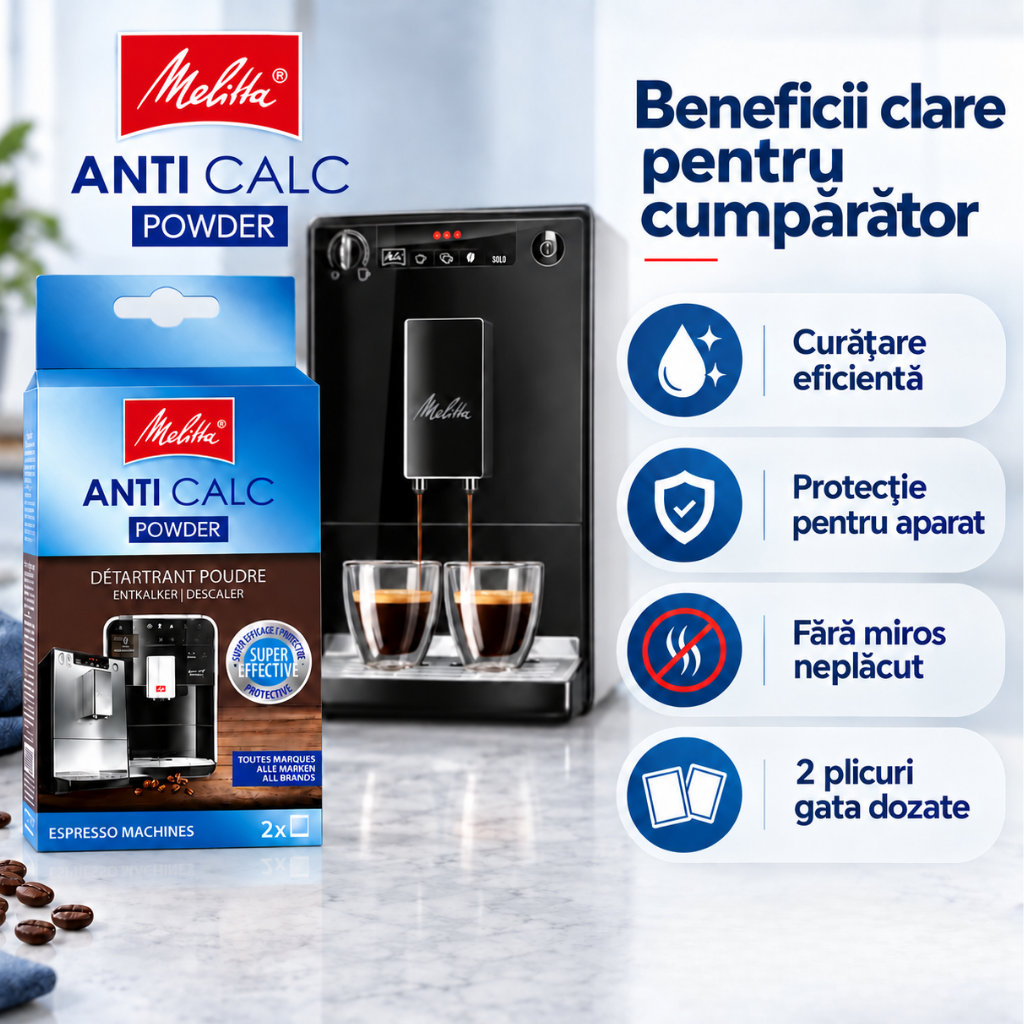 Decalcifiant Espressor Melitta Anti Calc Powder Original, 2 x 40 g, Pulbere Anticalcar pentru Espressoare Automate, Îndepărtează Depunerile de Calcar, Protejează Sistemul Intern, Compatibil Universal