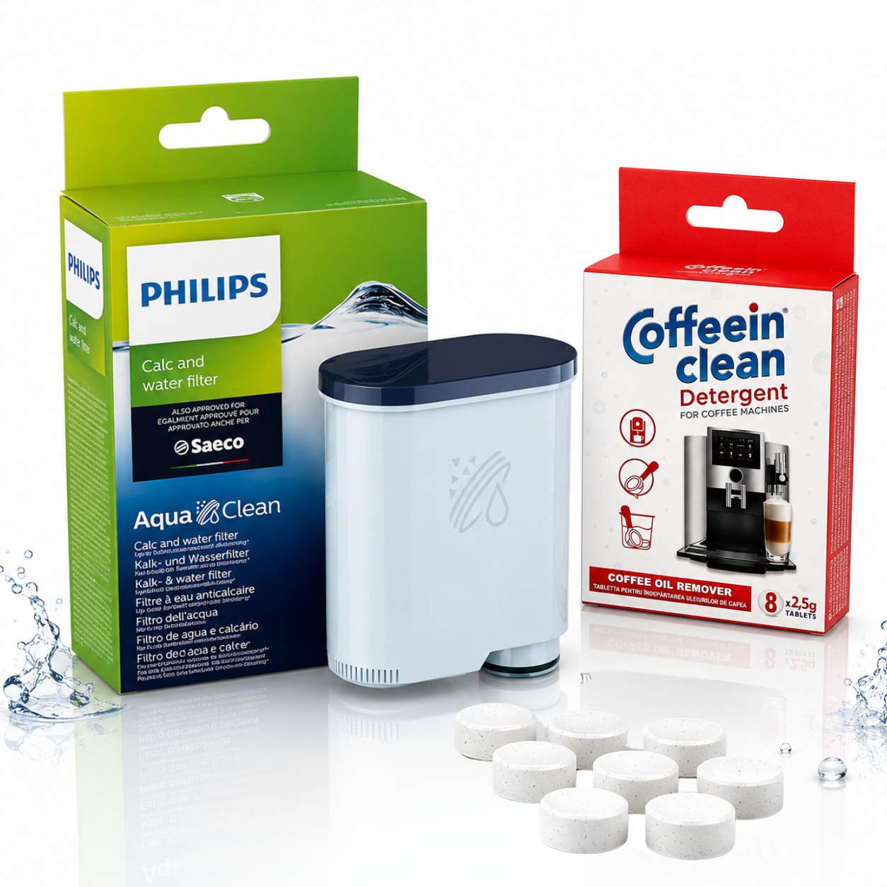 Set intretinere espressor Philips Saeco, filtru apa AquaClean compatibil CA6903 625 cesti, 8 pastile curatare uleiuri si reziduuri cafea 2,5 g Coffeein Clean®, filtrare microporoasa, protectie calcar si igienizare grup preparare, filtrare apa aparat cafea