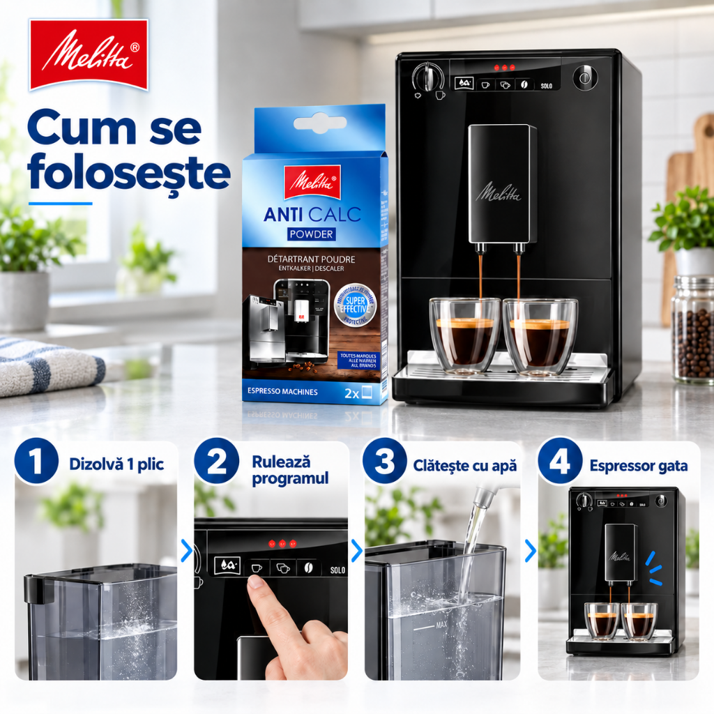 Decalcifiant Espressor Melitta Anti Calc Powder Original, 2 x 40 g, Pulbere Anticalcar pentru Espressoare Automate, Îndepărtează Depunerile de Calcar, Protejează Sistemul Intern, Compatibil Universal