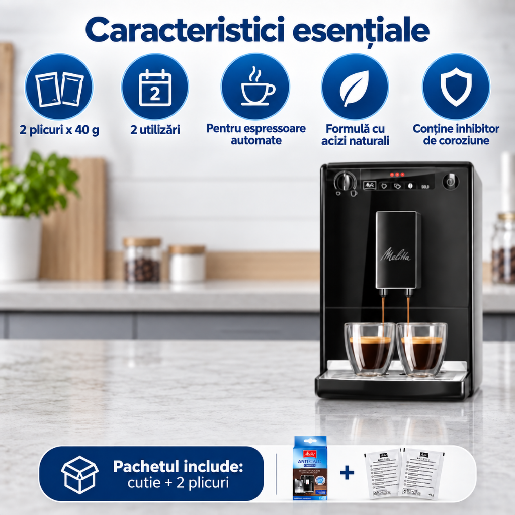Decalcifiant Espressor Melitta Anti Calc Powder Original, 2 x 40 g, Pulbere Anticalcar pentru Espressoare Automate, Îndepărtează Depunerile de Calcar, Protejează Sistemul Intern, Compatibil Universal