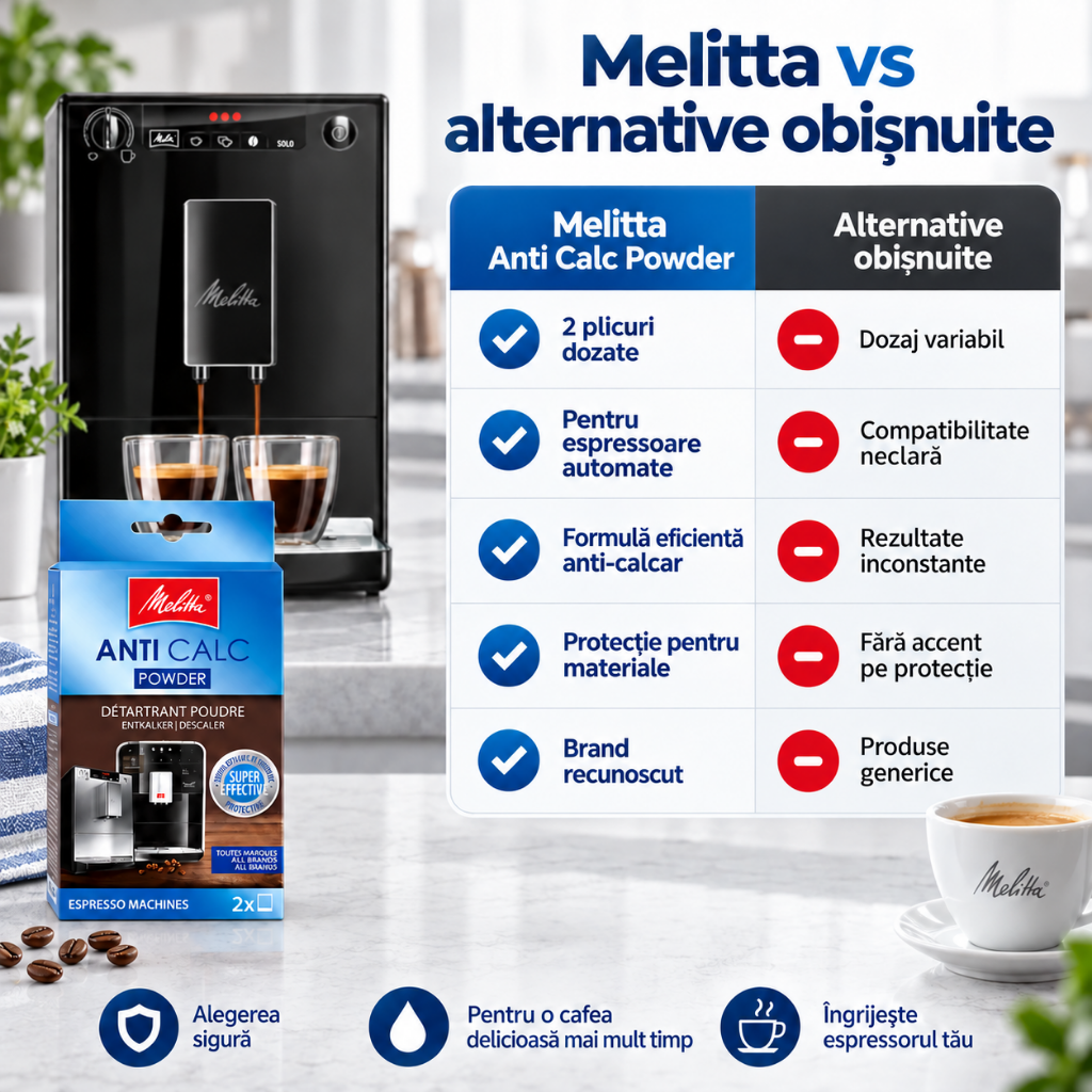 Decalcifiant Espressor Melitta Anti Calc Powder Original, 2 x 40 g, Pulbere Anticalcar pentru Espressoare Automate, Îndepărtează Depunerile de Calcar, Protejează Sistemul Intern, Compatibil Universal
