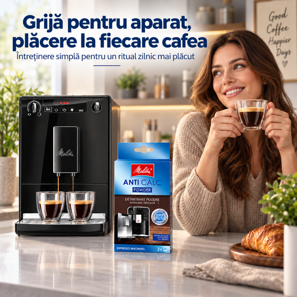 Decalcifiant Espressor Melitta Anti Calc Powder Original, 2 x 40 g, Pulbere Anticalcar pentru Espressoare Automate, Îndepărtează Depunerile de Calcar, Protejează Sistemul Intern, Compatibil Universal