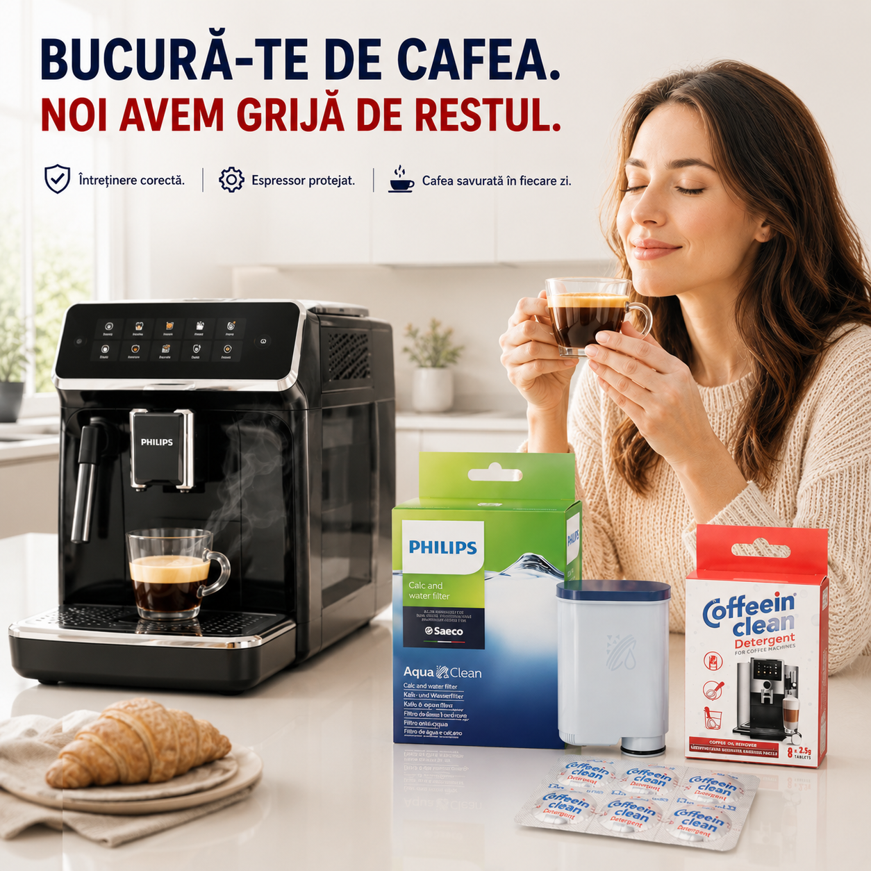 Set intretinere espressor Philips Saeco, filtru apa AquaClean compatibil CA6903 625 cesti, 8 pastile curatare uleiuri si reziduuri cafea 2,5 g Coffeein Clean®, filtrare microporoasa, protectie calcar si igienizare grup preparare, filtrare apa aparat cafea