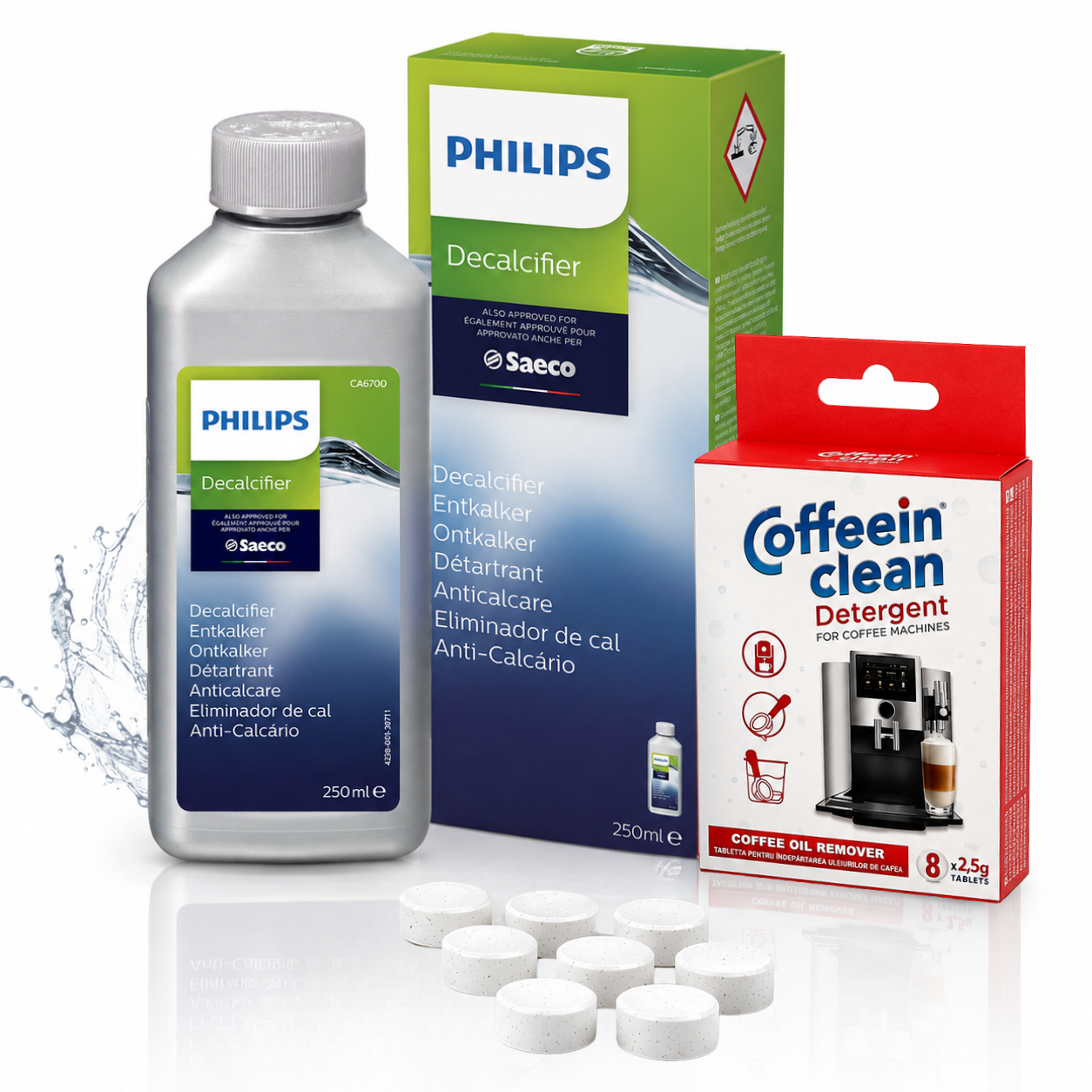 Set intretinere espressoare - solutie decalcifiere Philips CA6700/10 250 ml si 8 pastile curatare uleiuri cafea 2,5 g Coffeein Clean®, degreseaza si elimina calcarul, reziduurile, compatibil Philips Saeco, Gaggia, Siemens, Bosch, Melitta, Nivona