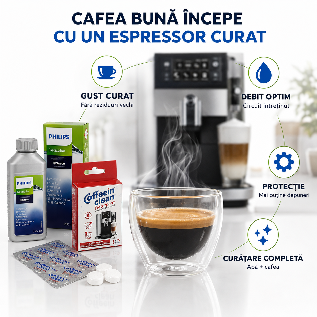 Set intretinere espressoare - solutie decalcifiere Philips CA6700/10 250 ml si 8 pastile curatare uleiuri cafea 2,5 g Coffeein Clean®, degreseaza si elimina calcarul, reziduurile, compatibil Philips Saeco, Gaggia, Siemens, Bosch, Melitta, Nivona