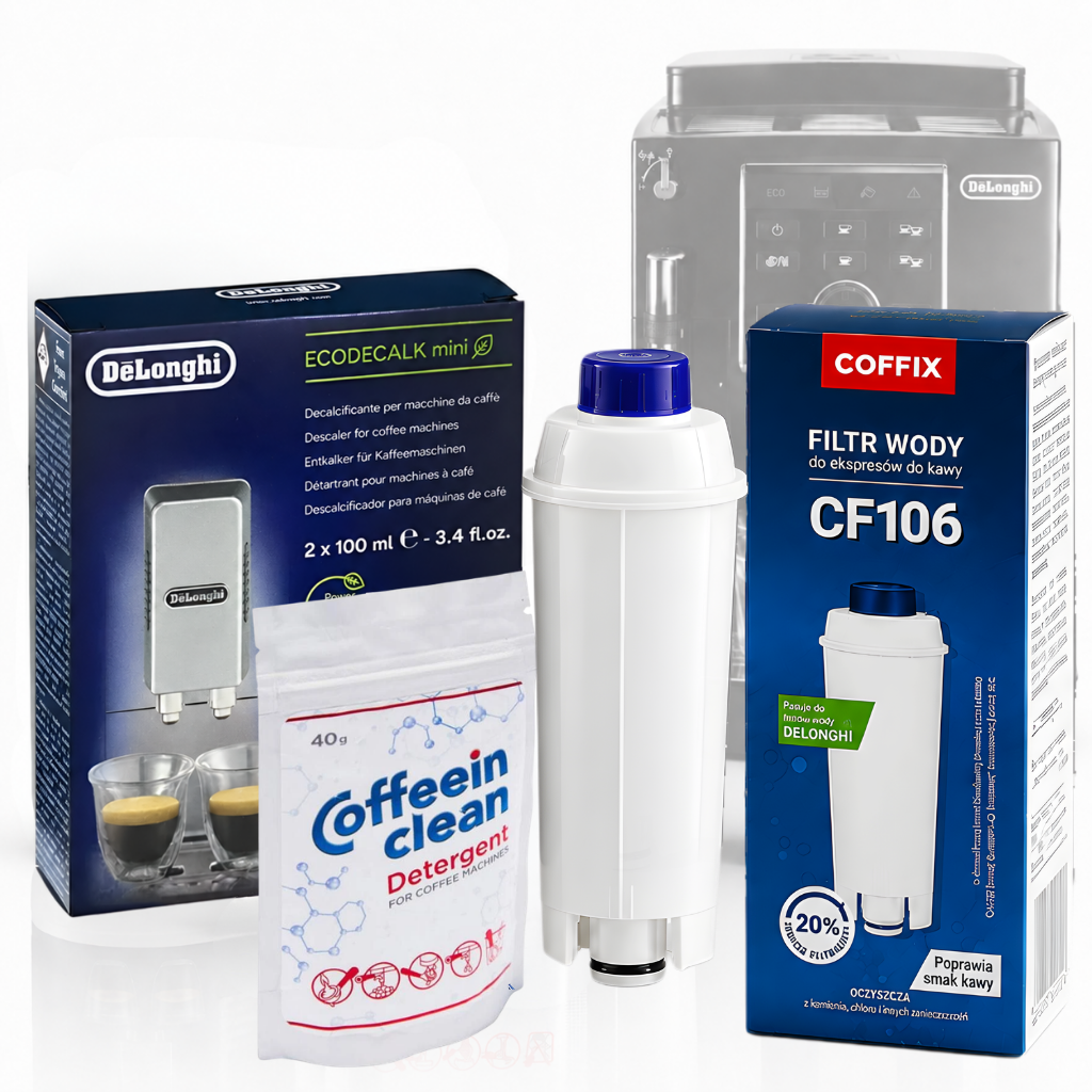 Set Întreținere DeLonghi Premium – Filtru CF106 + Decalcifiere Original + Praf Curățare Uleiuri | 3-în-1