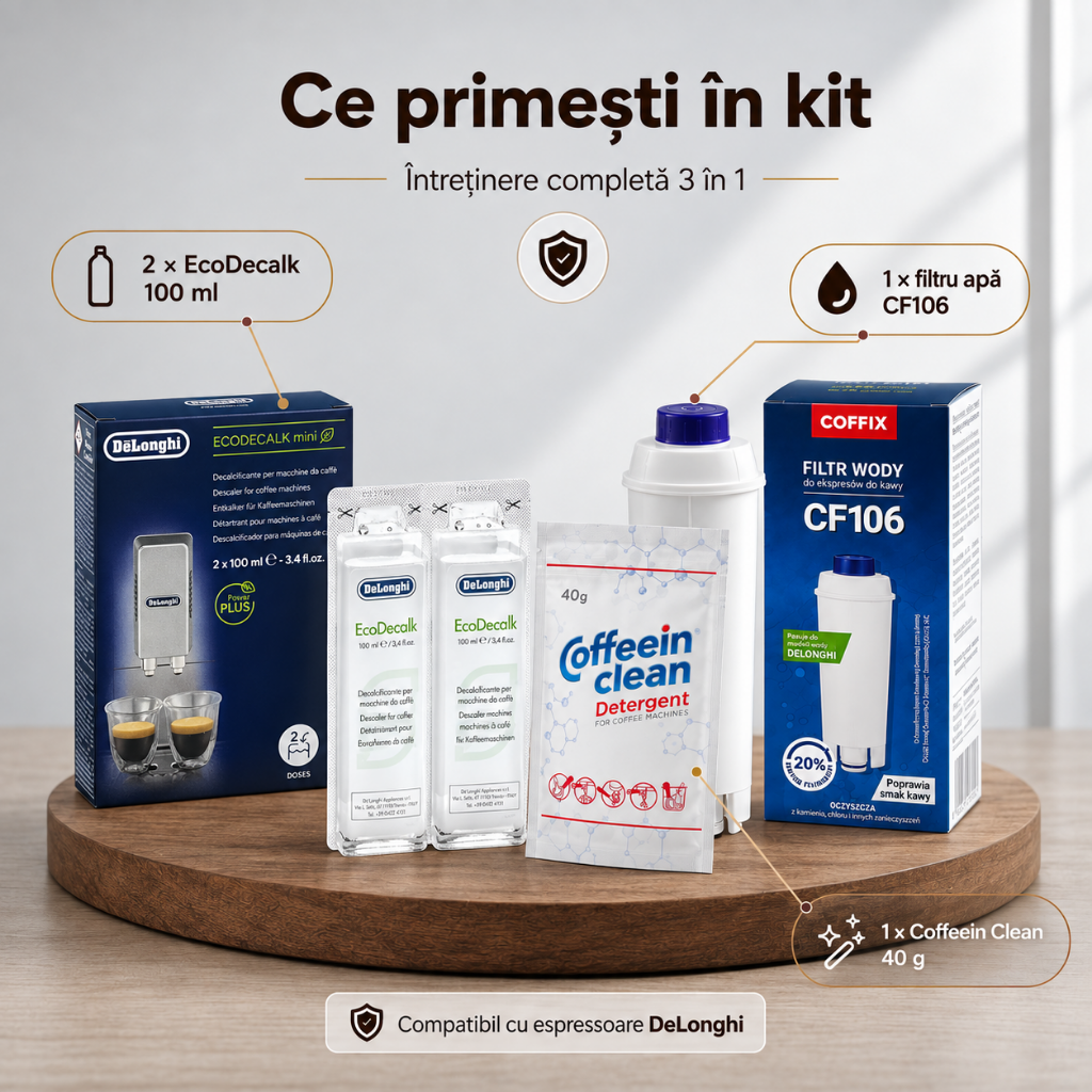 Set Întreținere DeLonghi Premium – Filtru CF106 + Decalcifiere Original + Praf Curățare Uleiuri | 3-în-1