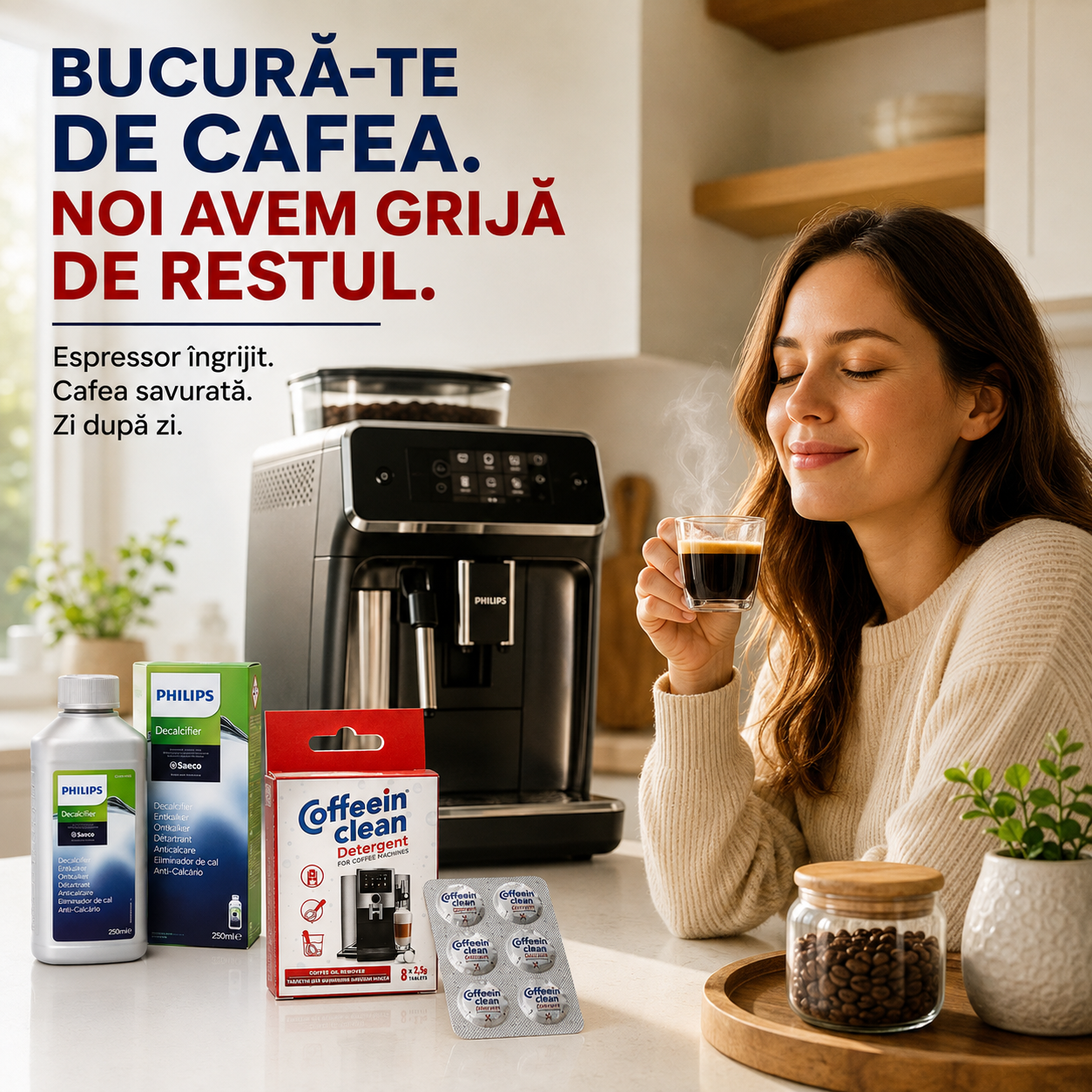 Set intretinere espressoare - solutie decalcifiere Philips CA6700/10 250 ml si 8 pastile curatare uleiuri cafea 2,5 g Coffeein Clean®, degreseaza si elimina calcarul, reziduurile, compatibil Philips Saeco, Gaggia, Siemens, Bosch, Melitta, Nivona