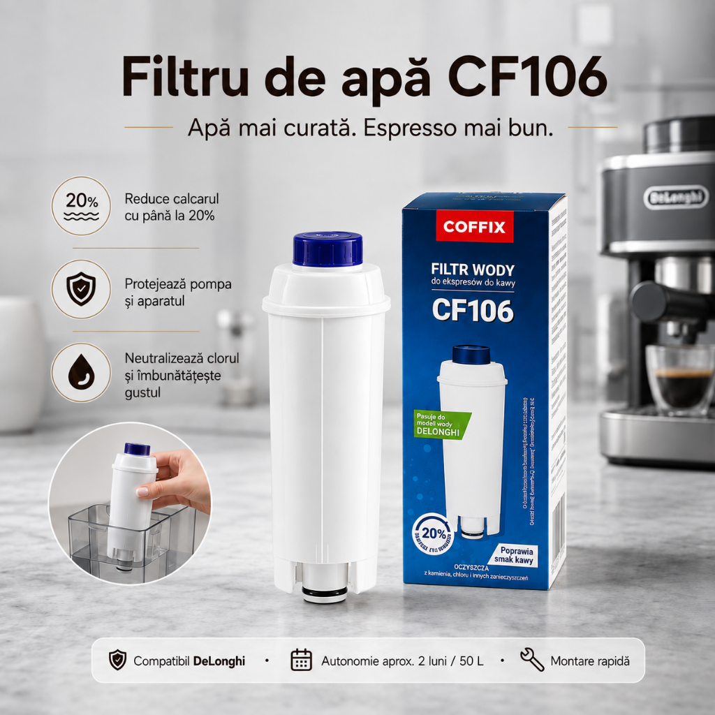 Set Întreținere DeLonghi Premium – Filtru CF106 + Decalcifiere Original + Praf Curățare Uleiuri | 3-în-1
