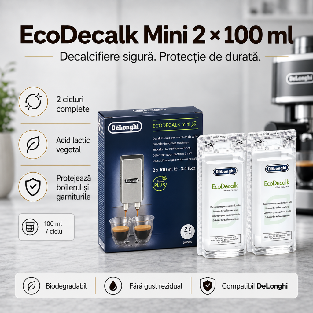 Set Întreținere DeLonghi Premium – Filtru CF106 + Decalcifiere Original + Praf Curățare Uleiuri | 3-în-1