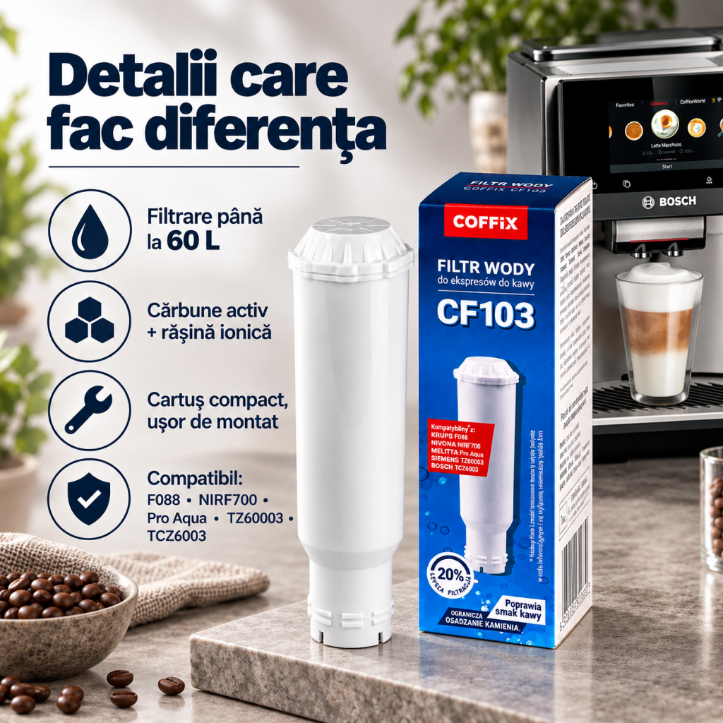 Filtru apa espressor COFFiX® CF103, 60 L, pana la 500 cafele, compatibil Melitta, Nivona, Krups, Siemens, Bosch - inlocuitor F088, NIRF700/701, ProAqua, TZ60003, TCZ6003,