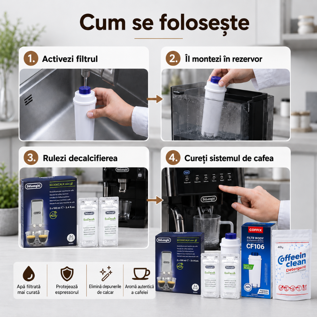 Set Întreținere DeLonghi Premium – Filtru CF106 + Decalcifiere Original + Praf Curățare Uleiuri | 3-în-1