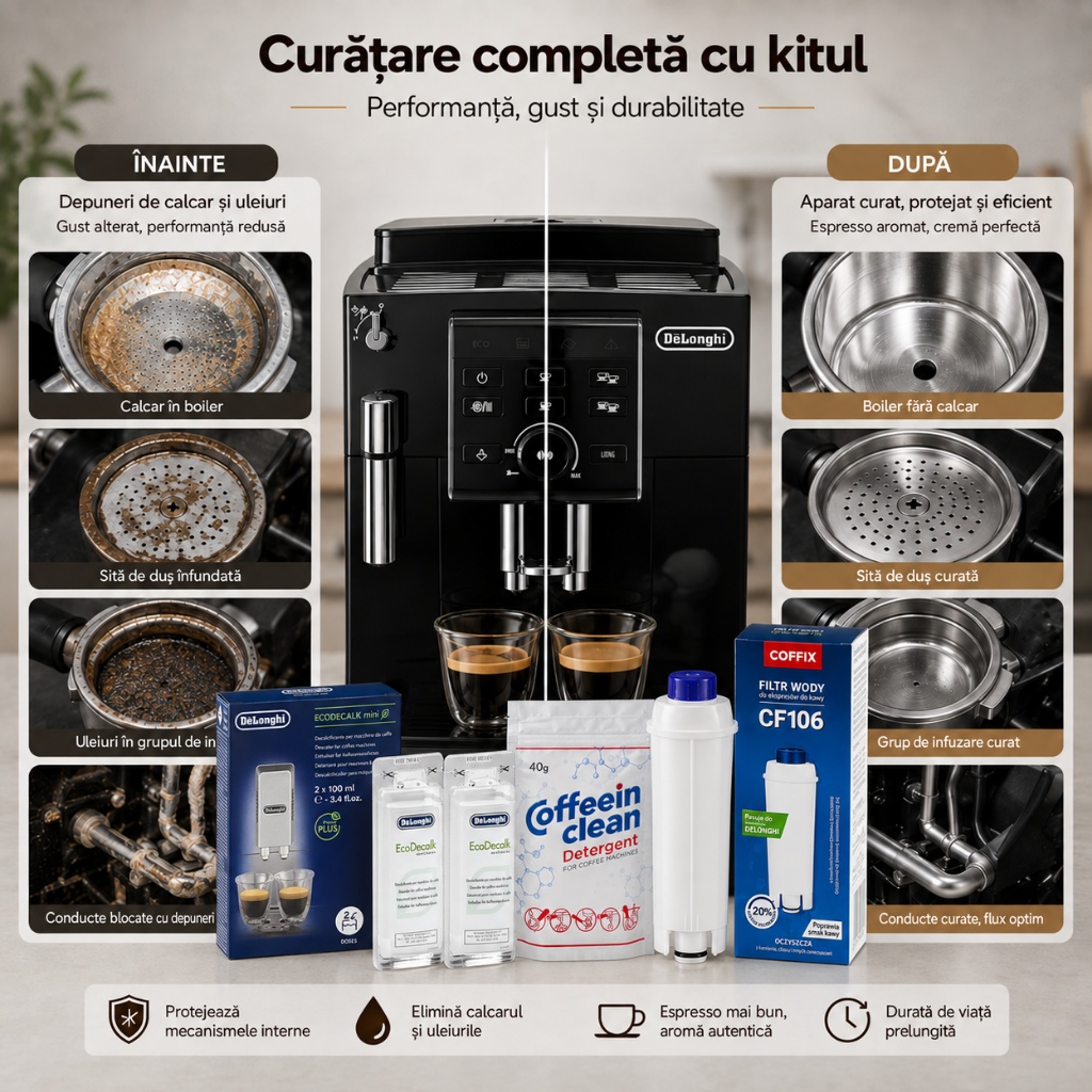Set Întreținere DeLonghi Premium – Filtru CF106 + Decalcifiere Original + Praf Curățare Uleiuri | 3-în-1