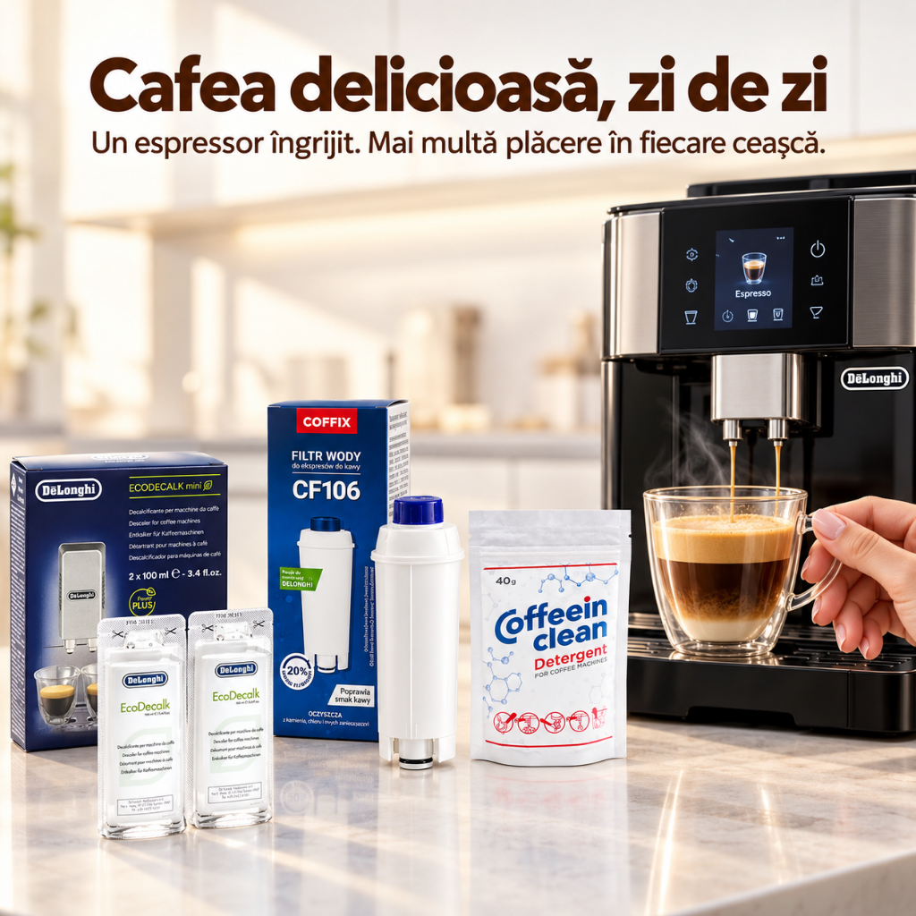 Set Întreținere DeLonghi Premium – Filtru CF106 + Decalcifiere Original + Praf Curățare Uleiuri | 3-în-1