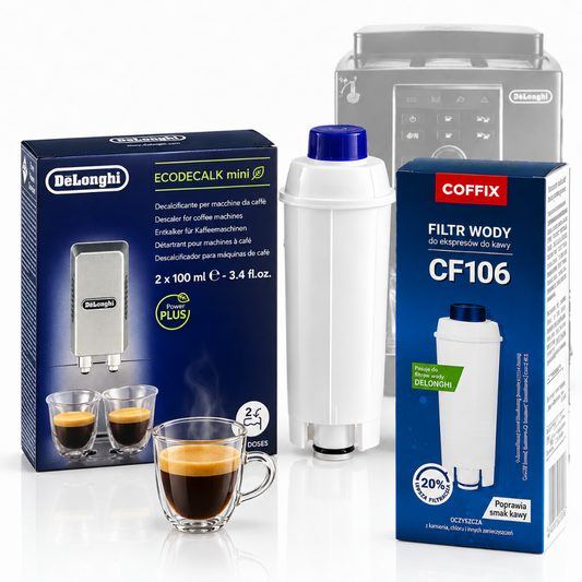 Set Întreținere DeLonghi – Filtru Apă CF106 Compatibil + Decalcifiere Original 2 Cicluri