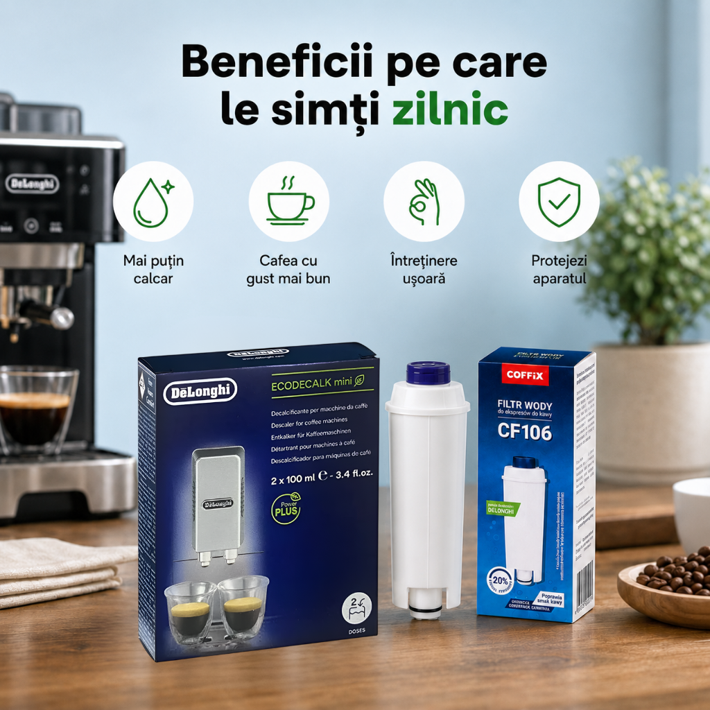 Set Întreținere DeLonghi – Filtru Apă CF106 Compatibil + Decalcifiere Original 2 Cicluri