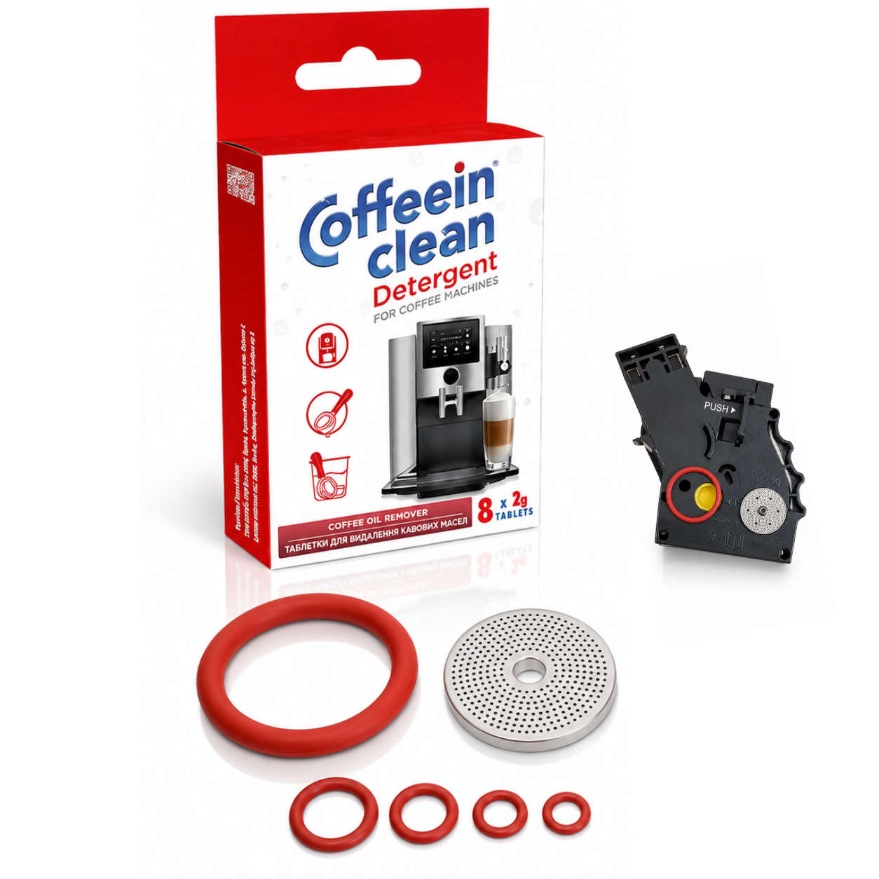 Set reconditionare si curatare grup infuzor aparate cafea, 8 x 2g pastile curatare uleiuri cafea, set garnituri si sita - Coffeein Clean®, compatibil: Philips Saeco, Gaggia, Delonghi, Jura, Krups, Bosch, pentru etansar, presiune si extractie uniforma