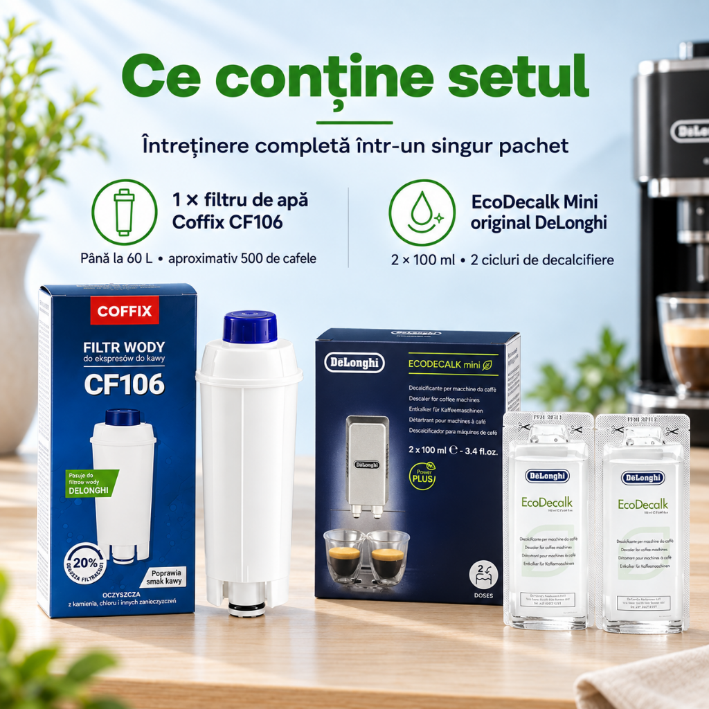 Set Întreținere DeLonghi – Filtru Apă CF106 Compatibil + Decalcifiere Original 2 Cicluri
