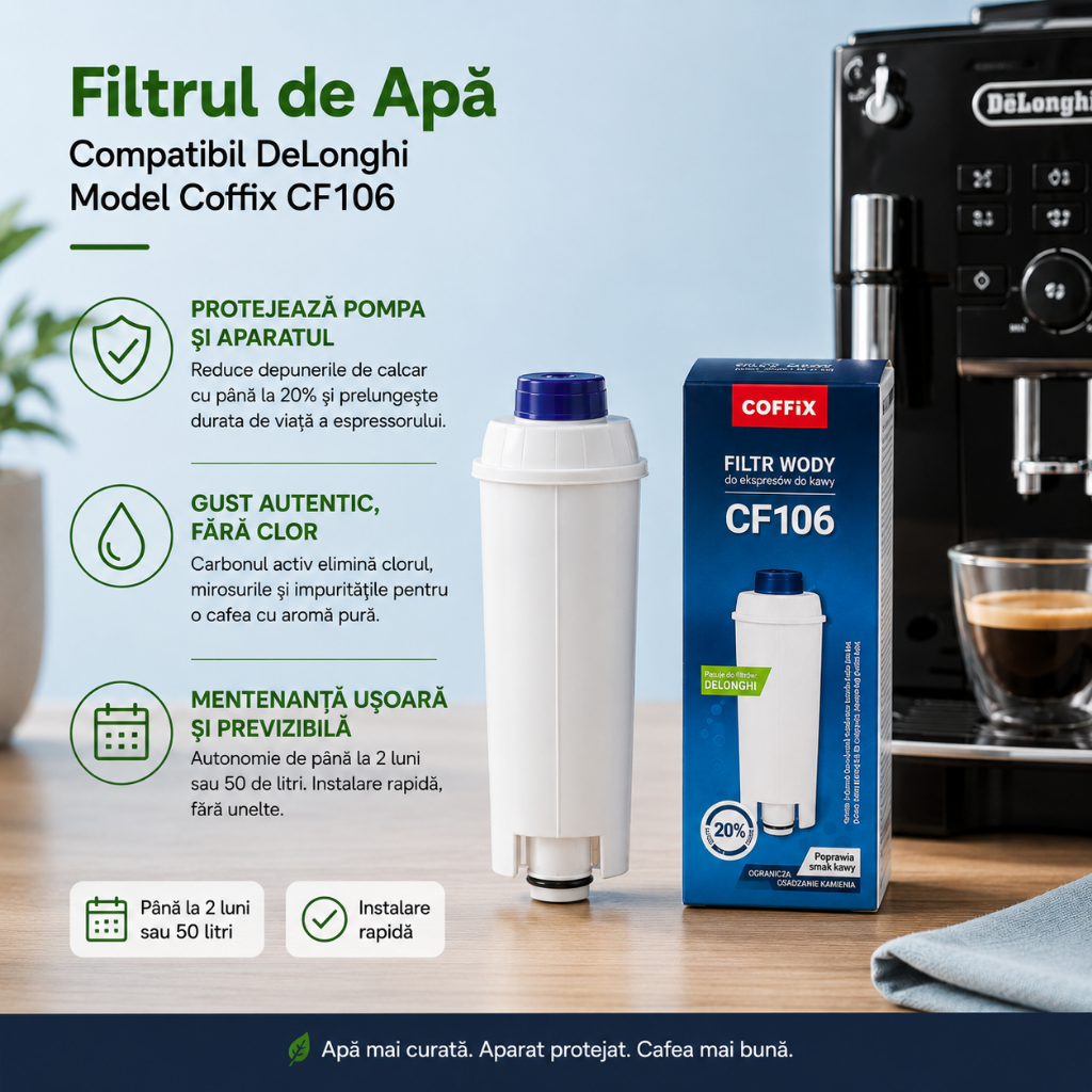 Set Întreținere DeLonghi – Filtru Apă CF106 Compatibil + Decalcifiere Original 2 Cicluri