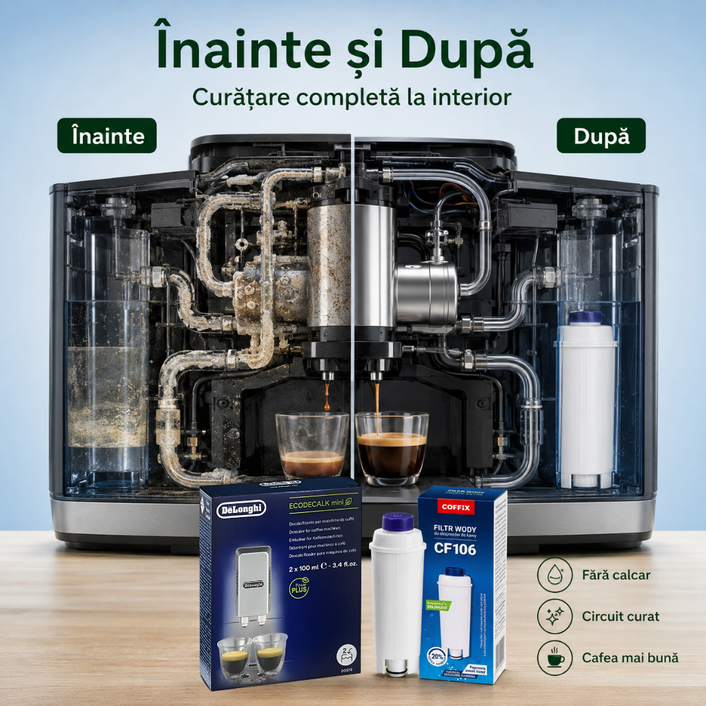 Set Întreținere DeLonghi – Filtru Apă CF106 Compatibil + Decalcifiere Original 2 Cicluri