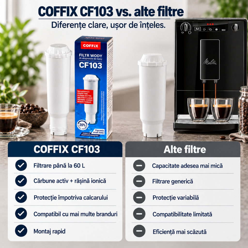 Filtru apa espressor COFFiX® CF103, 60 L, pana la 500 cafele, compatibil Melitta, Nivona, Krups, Siemens, Bosch - inlocuitor F088, NIRF700/701, ProAqua, TZ60003, TCZ6003,