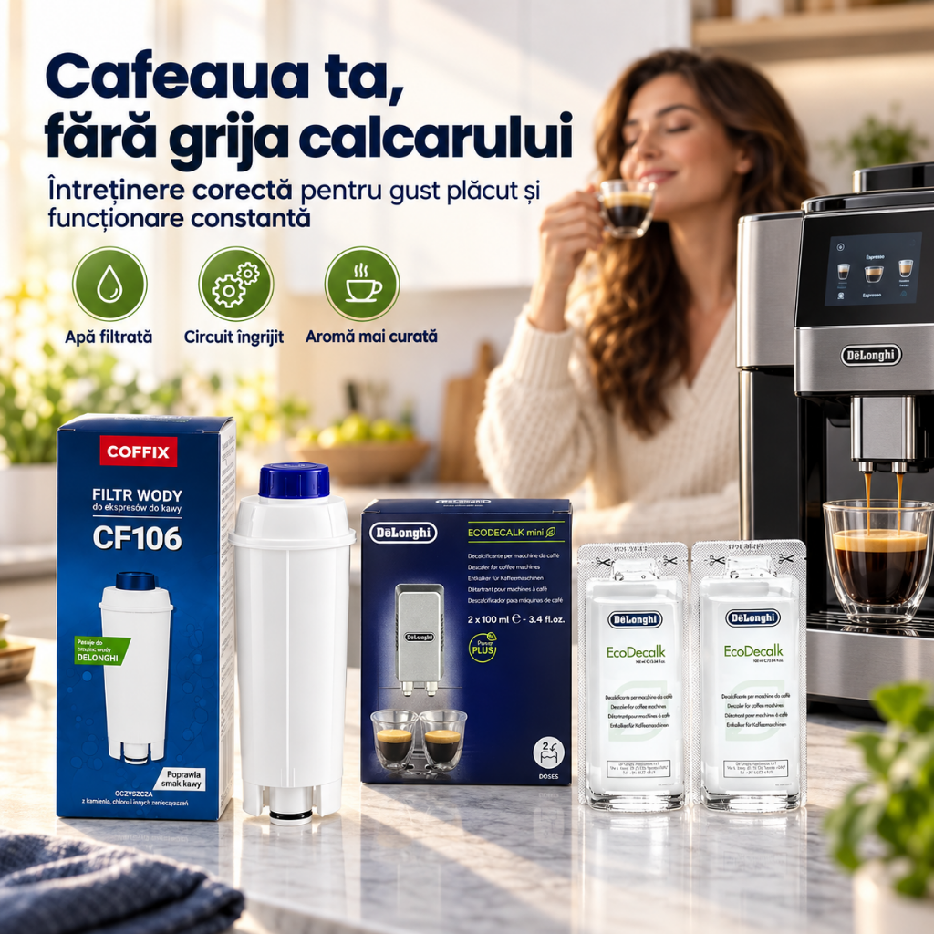 Set Întreținere DeLonghi – Filtru Apă CF106 Compatibil + Decalcifiere Original 2 Cicluri
