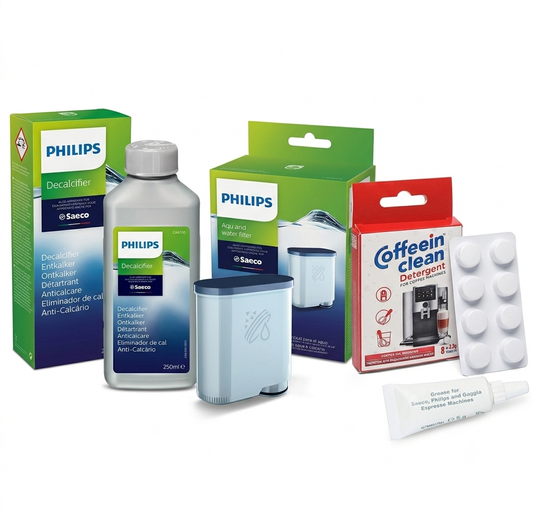 Set Întreținere Philips & Saeco 4-în-1 – Filtru AquaClean + Decalcifiant CA6700 + Pastile Coffeein Clean 2,5g + Vaselina Siliconică
