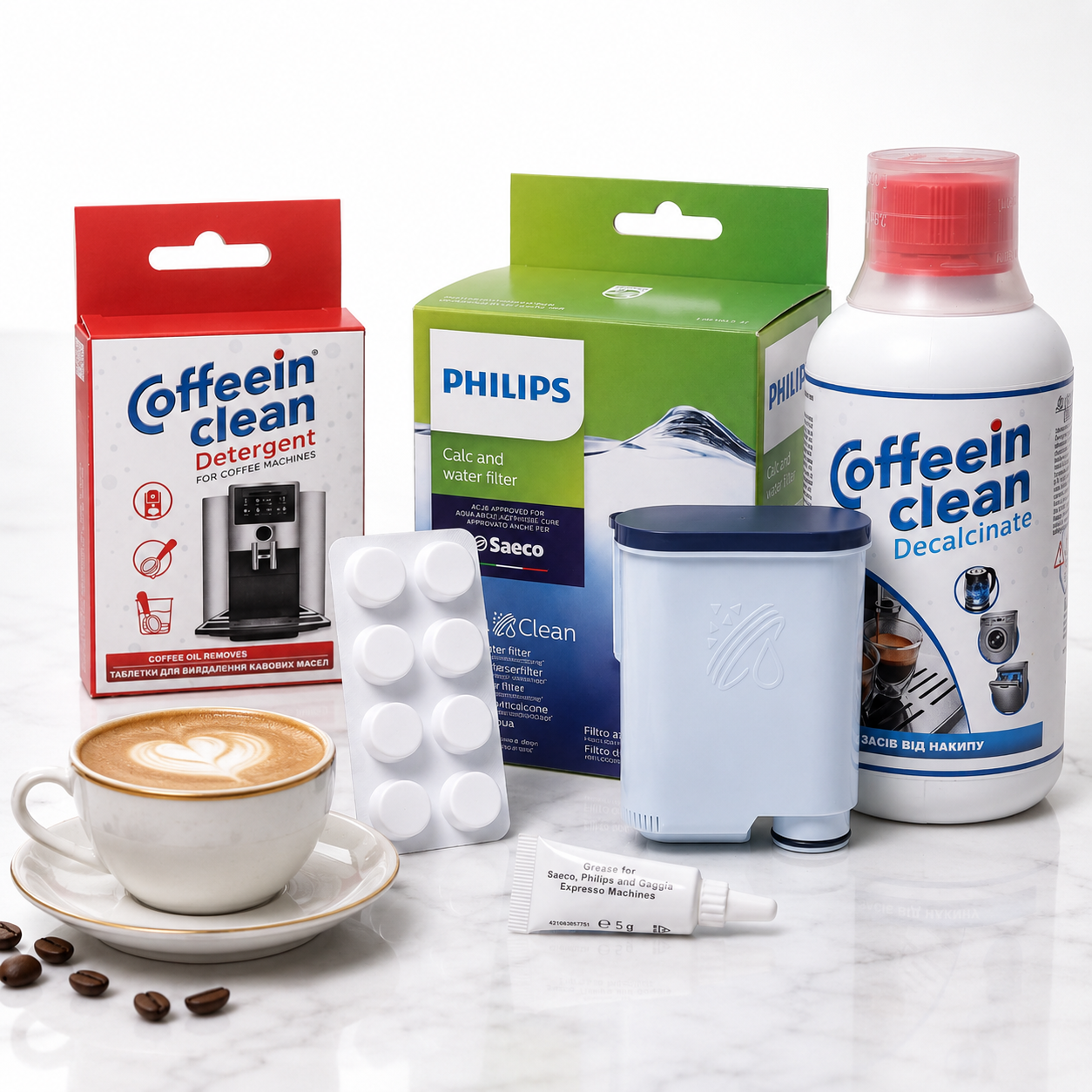 Set intretinere espressor Philips Saeco, 1 filtru AquaClean CA6903/10, solutie decalcifiere 250 ml, 8 pastile Coffeein Clean® 2,5 g, vaselina siliconica alimentara, curatare calcar aparat cafea, uleiuri cafea si lubrifiere infuzor