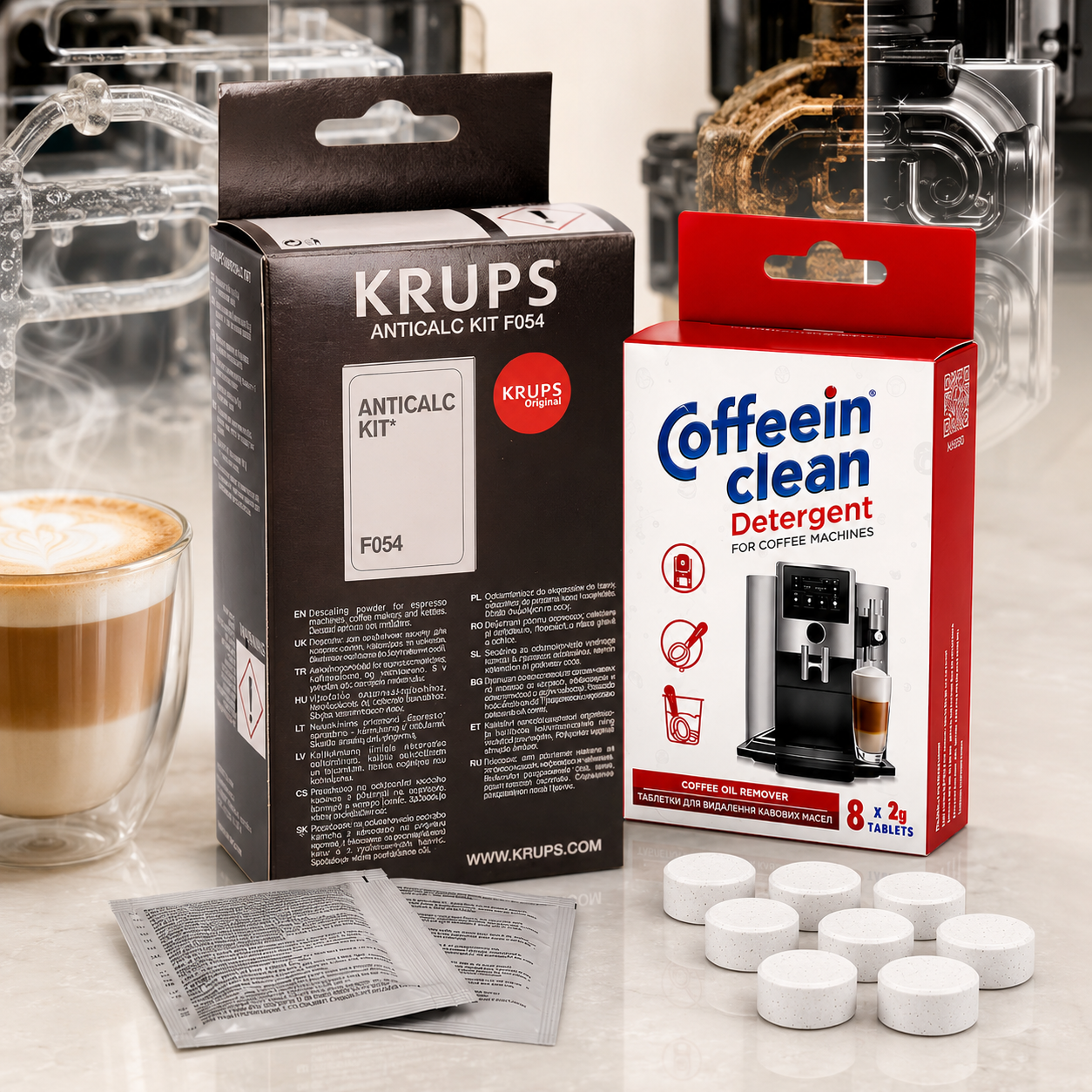 Set anual intretinere espressoare automate Krups, 2 x solutie decalcifiere originala/ 4 cicluri detartrare, 8 pastile Coffein Clean curatare uleiuri espressor cafea x 2 g, curatare circuit cafea, compatibil cu toate modelele Krups