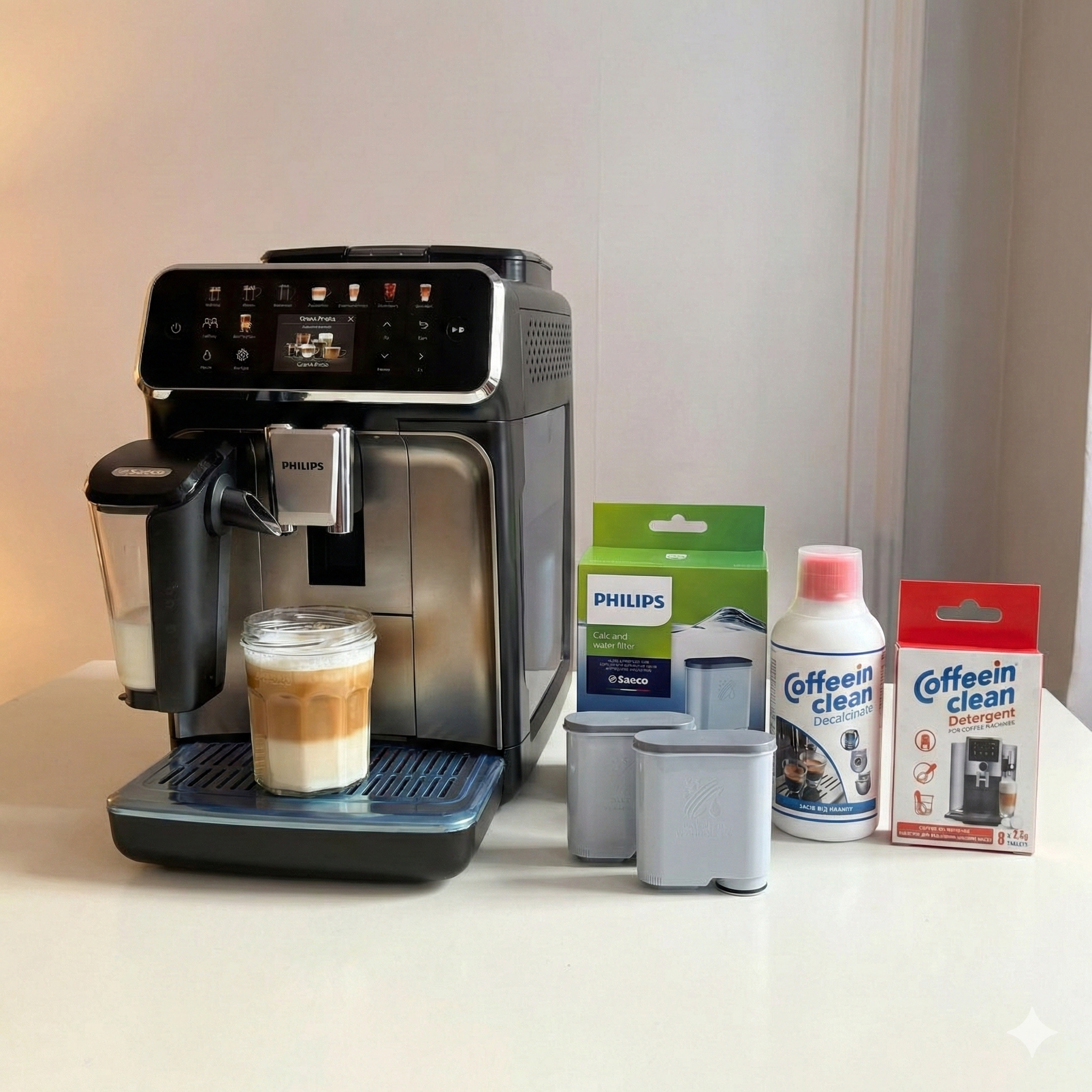 Kit Anual pentru intreținere espressor Philips/Saeco/Gaggia | Pachet 12 luni| 2 filtre apă Philips + Decalcifiant 2 cicluri + 8 Tablete degresare uleiuri de cafea | Gust mai bun, protecție espressor