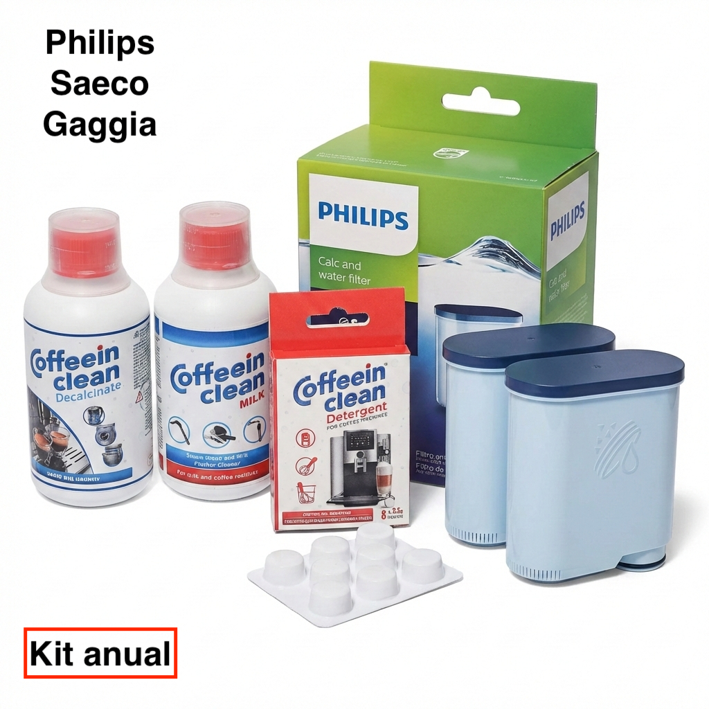 Kit Anual Îtntreținere Espressor cu Circuit Lapte – Philips, Saeco, Gaggia | 2 Filtre + Decalcifiant + Tablete + Soluție Lapte