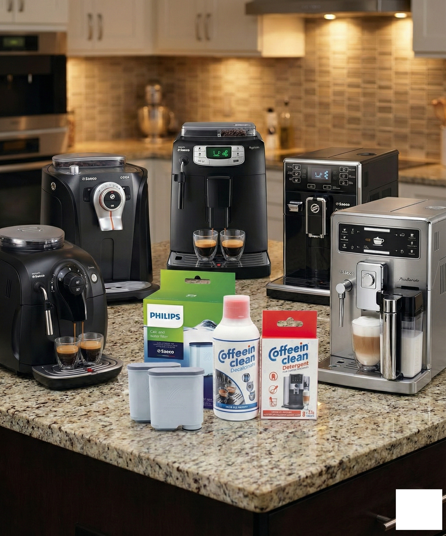 Kit Anual pentru intreținere espressor Philips/Saeco/Gaggia | Pachet 12 luni| 2 filtre apă Philips + Decalcifiant 2 cicluri + 8 Tablete degresare uleiuri de cafea | Gust mai bun, protecție espressor