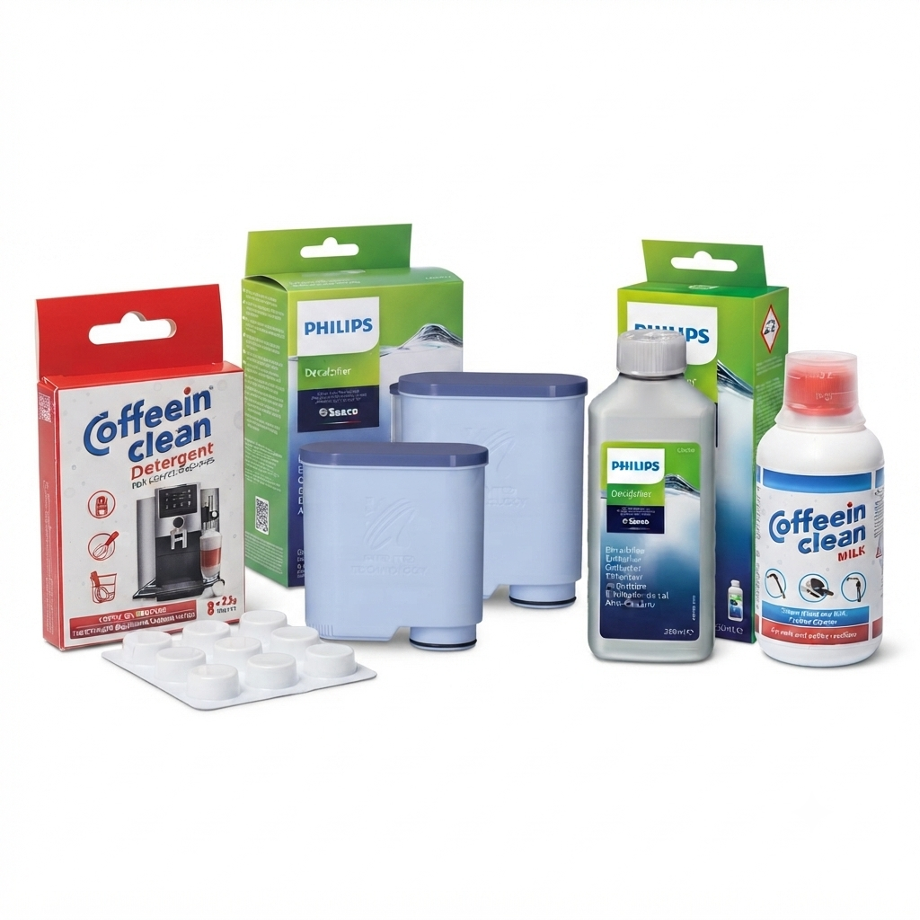 Set Întreținere Anuală Philips & Saeco – 2x Filtru AquaClean + Decalcifiant CA6700 + Soluție Circuit Lapte + Pastile Coffeein Clean