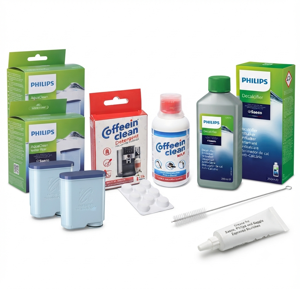 Set Întreținere Complet Philips & Saeco 6-în-1    2x Filtru AquaClean + Detartrare + Circuit Lapte + Pastile Coffeein + Perie + Vaselina
