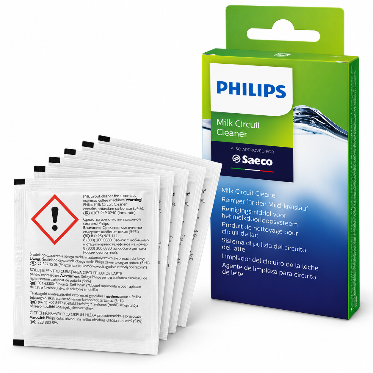 Plicuri Curățare Sistem Lapte Philips Saeco CA6705/10 Original, 6 Plicuri, pentru Espressoare cu Carafă de Lapte sau Spumator Automat, Curățare Circuit Lapte