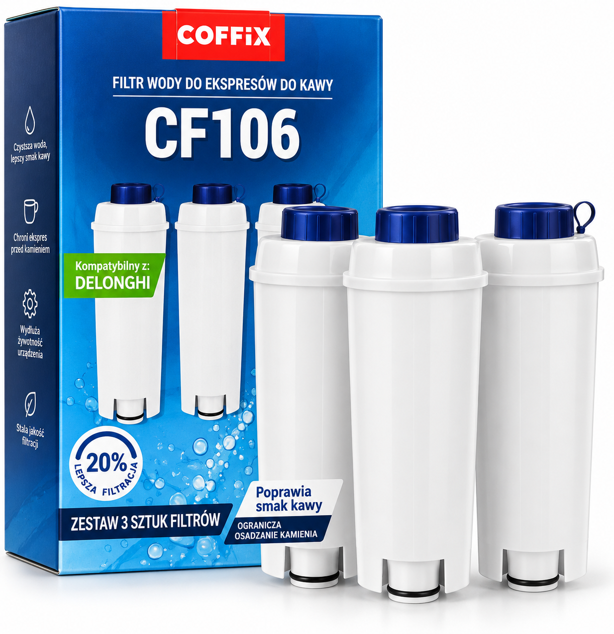 Set 3 Filtre de Apă pentru Espressor COFFiX CF106, Compatibile DeLonghi, Cartușe Filtrante Anticalcar, Reduc Depunerile de Calcar și Impuritățile, Îmbunătățesc Gustul Cafelei, Protejează Sistemul Intern al Aparatului