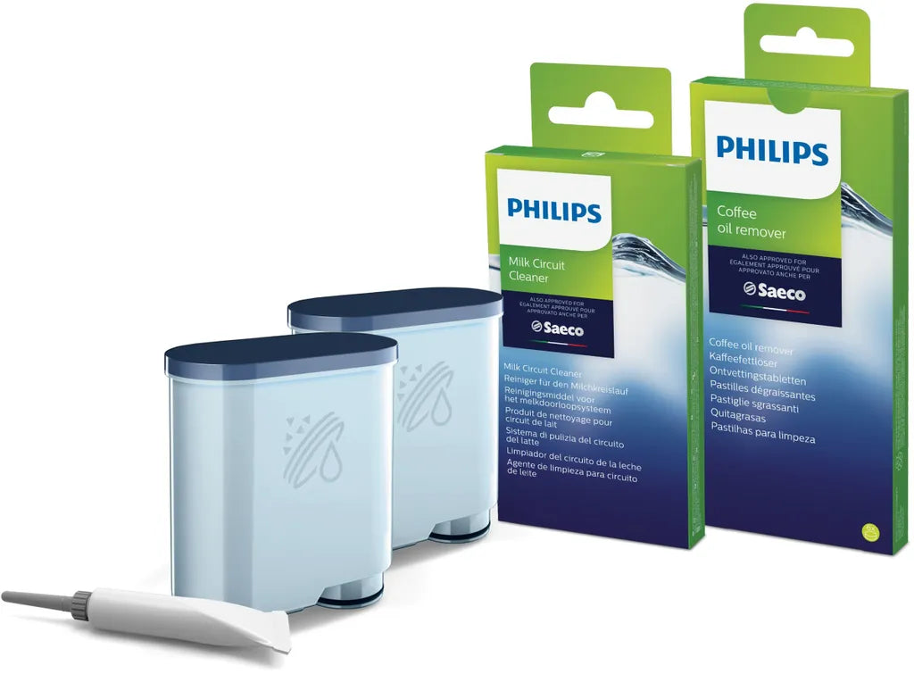 Set Întreținere Premium Philips & Saeco – 2x Filtru AquaClean + Decalcifiant + Plicuri Sistem Lapte CA6705 + Tablete Degresare + Vaselina