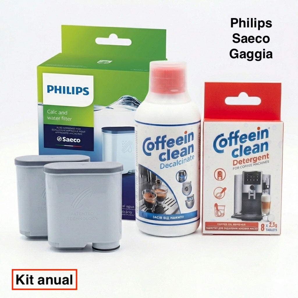 Kit Anual pentru intreținere espressor Philips/Saeco/Gaggia | Pachet 12 luni| 2 filtre apă Philips + Decalcifiant 2 cicluri + 8 Tablete degresare uleiuri de cafea | Gust mai bun, protecție espressor